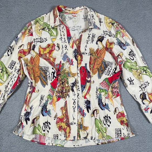 Tianello Top‎ Button Up Womens S Japanese Memories Print Asian Dynasty Geisha - Picture 3 of 9